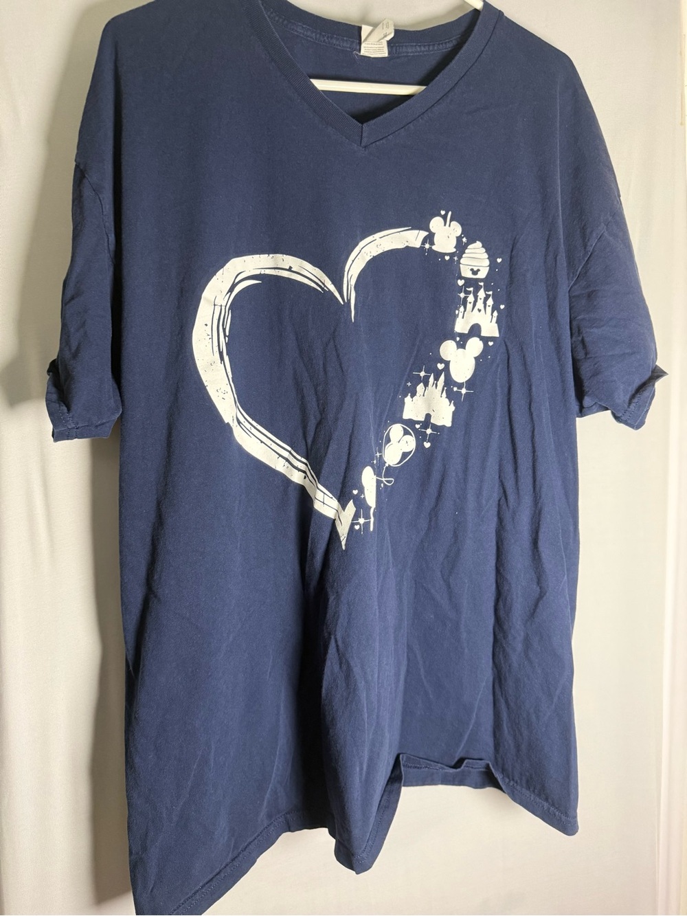 Disney Parks Mickey Mouse Castle Heart Graphic T-Shirt Blue 2XL V-Neck